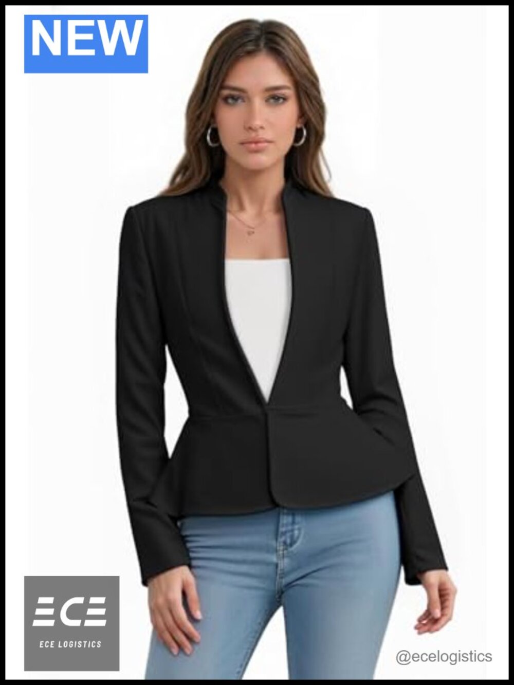 Nylon Ponte Blazer Open Front Long Sleeve Work Office Jacket